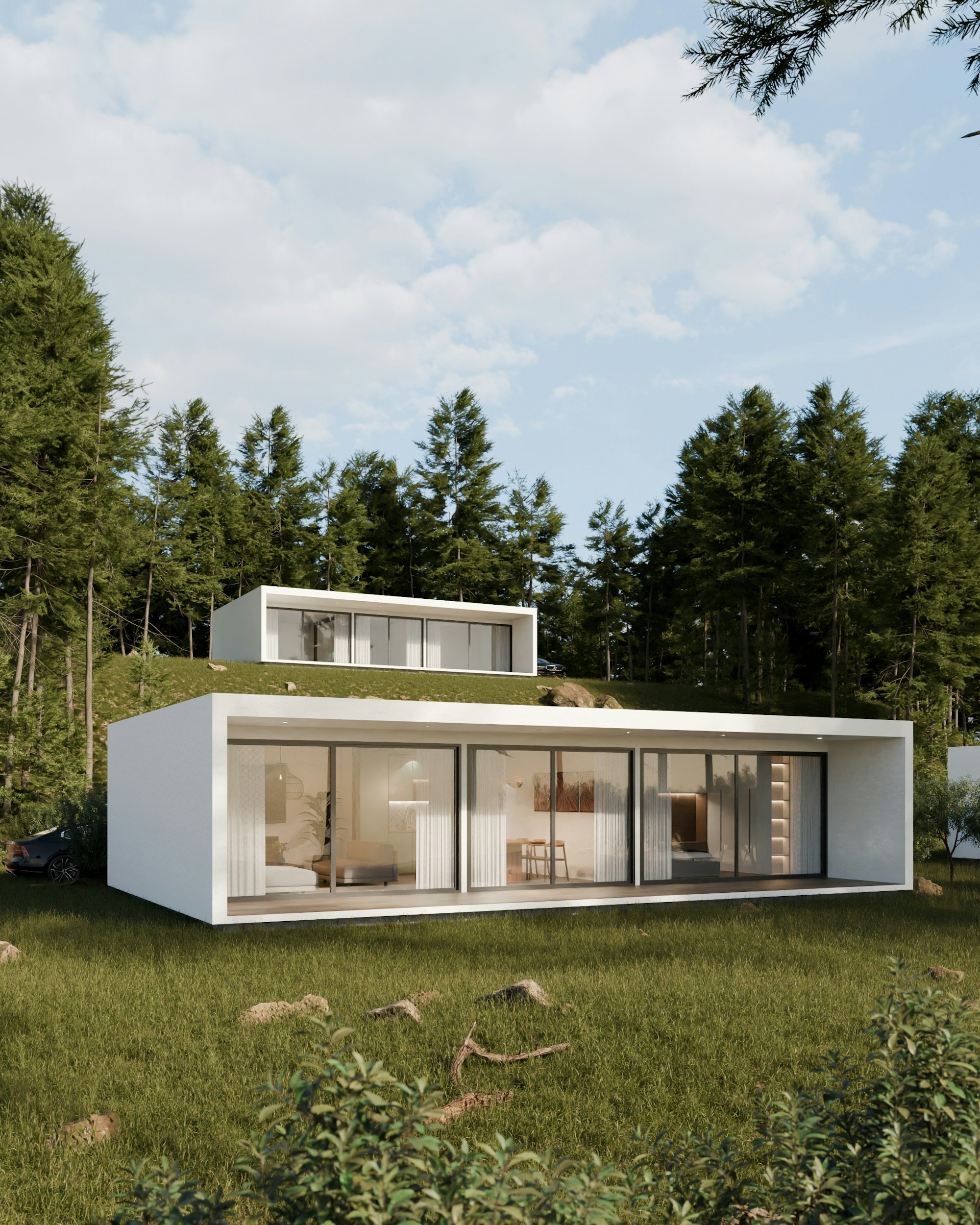 Witte, horizontale woningen op een groene helling aan een bosrand; architectuurvisualisatie.