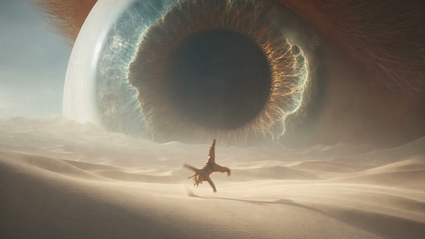 Nigel performs an airflare in a desert beneath an enormous eye.